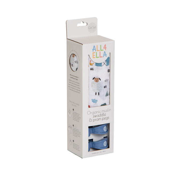 Organic Muslin Swaddle & 2 Pram Pegs- Barnyard