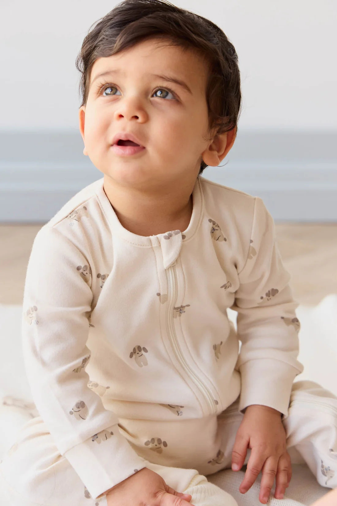 Organic Cotton Reese Zip Onepiece - Sasha Puppy Tofu