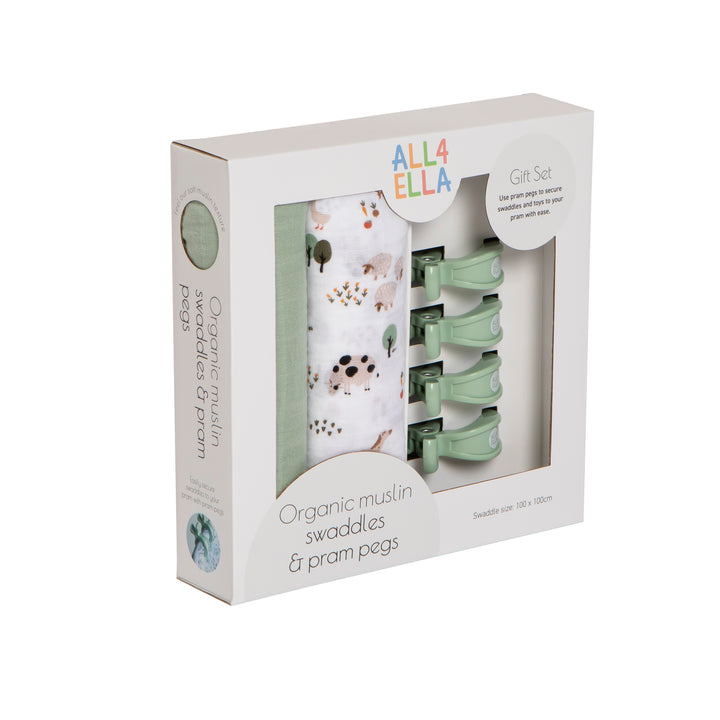 2 Pack Organic Swaddle & 4 Pram Pegs- Country Farm