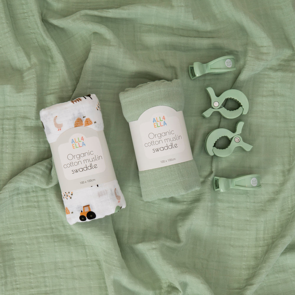 2 Pack Organic Swaddle & 4 Pram Pegs- Country Farm