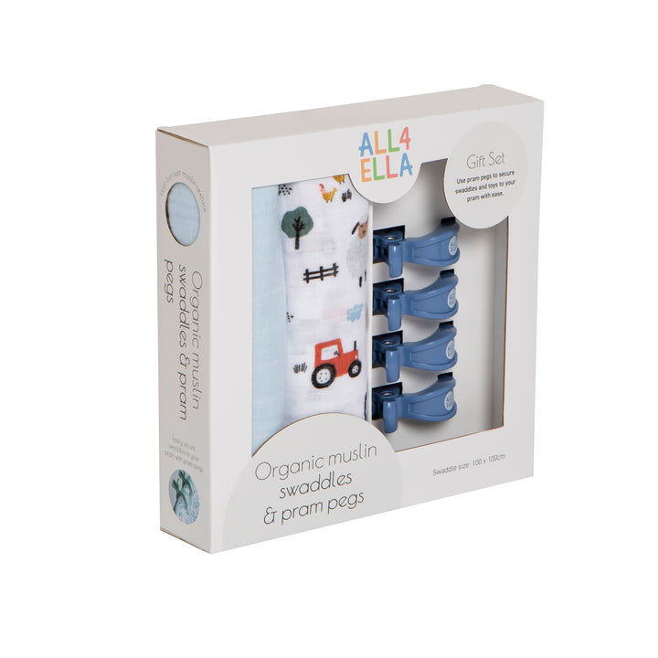 2 Pack Organic Swaddle & 4 Pram Pegs- Barnyard