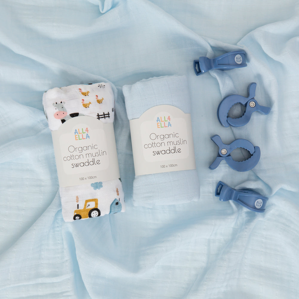 2 Pack Organic Swaddle & 4 Pram Pegs- Barnyard
