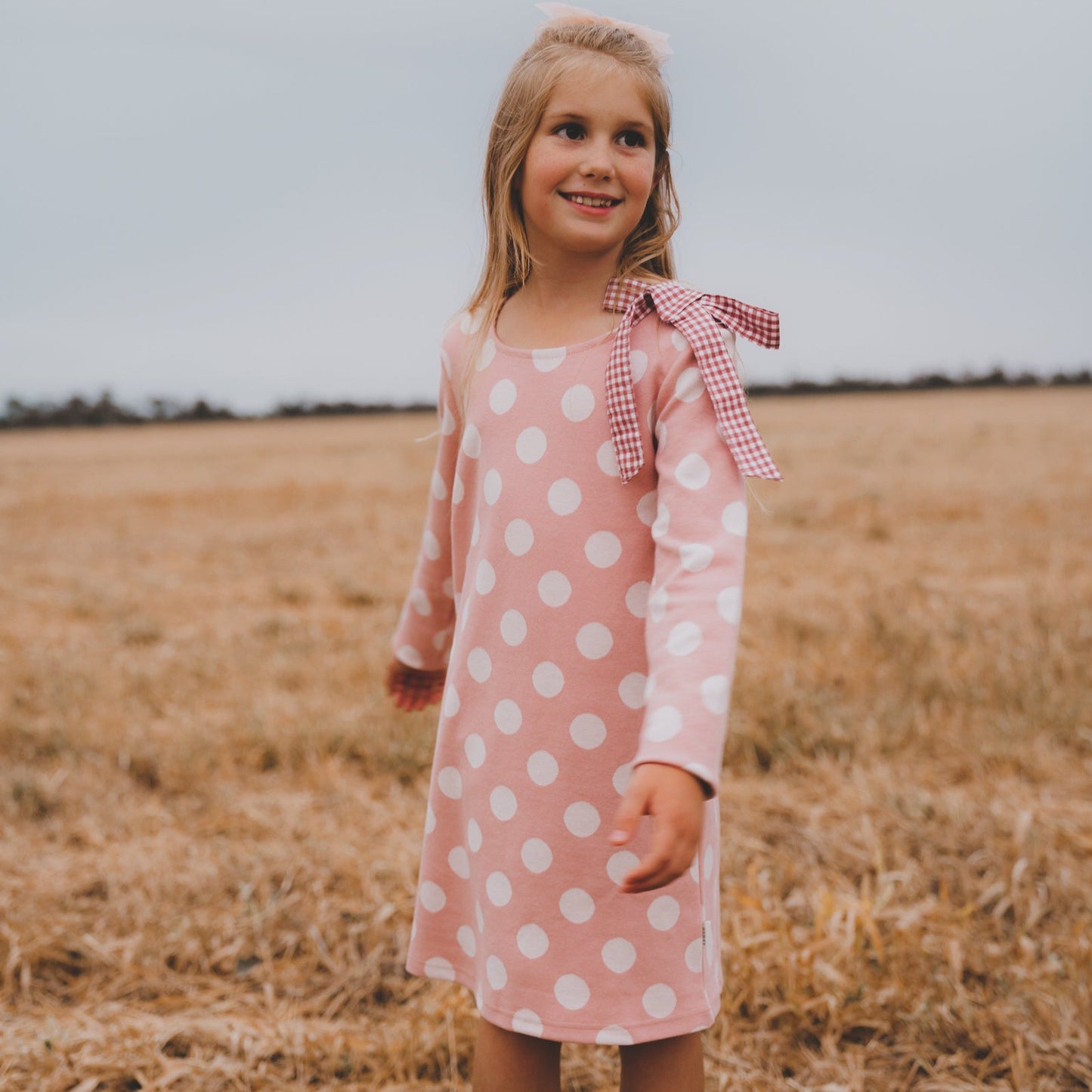 Girls Mary Dress- Pink/White Spot