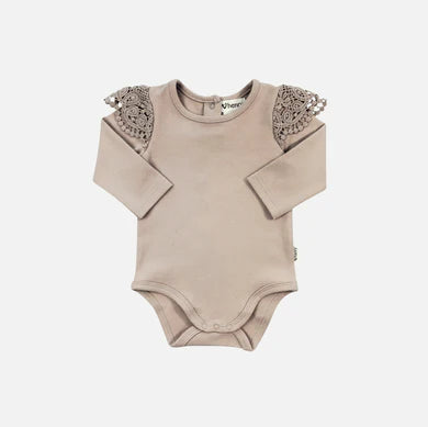 Baby Girls Lace Long Sleeve Romper- Beige