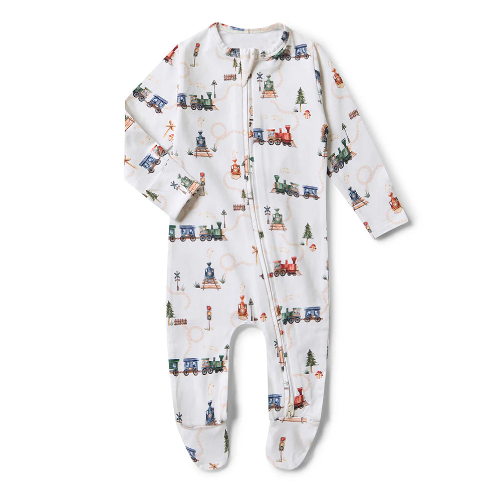 Trains Organic Snuggle Sleepsuit Zip Footie