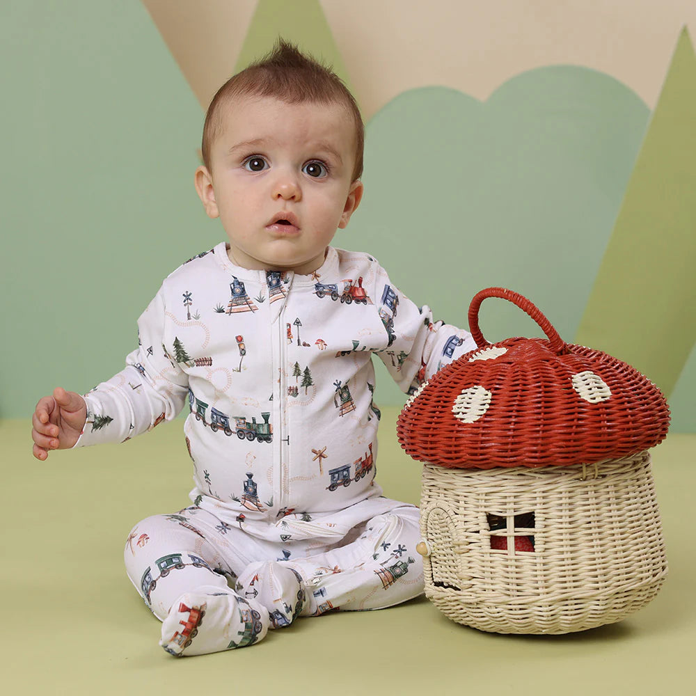 Trains Organic Snuggle Sleepsuit Zip Footie