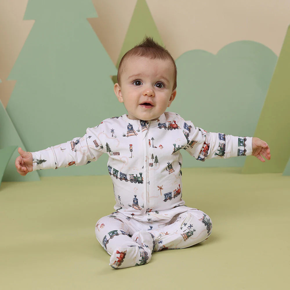 Trains Organic Snuggle Sleepsuit Zip Footie