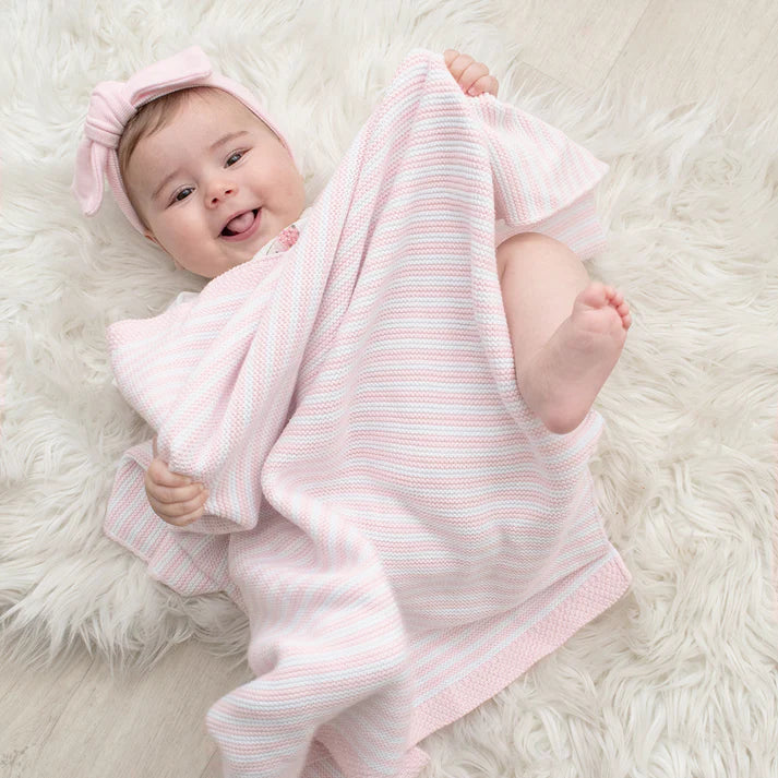 Knitted Stripe Blanket- Pink/White