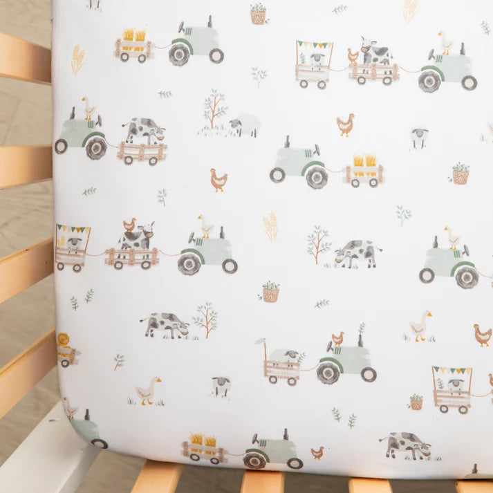 2 Pack Organic Jersey Cot Fitted Sheets - Tractor Ride
