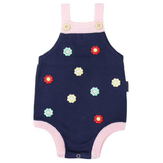 Flower Embroidered Knit Sunsuit Navy