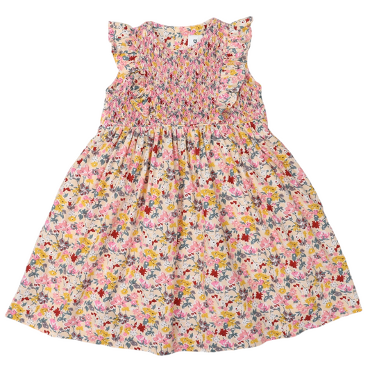 Hand Smocked Floral Dress With Frill- Light Floral