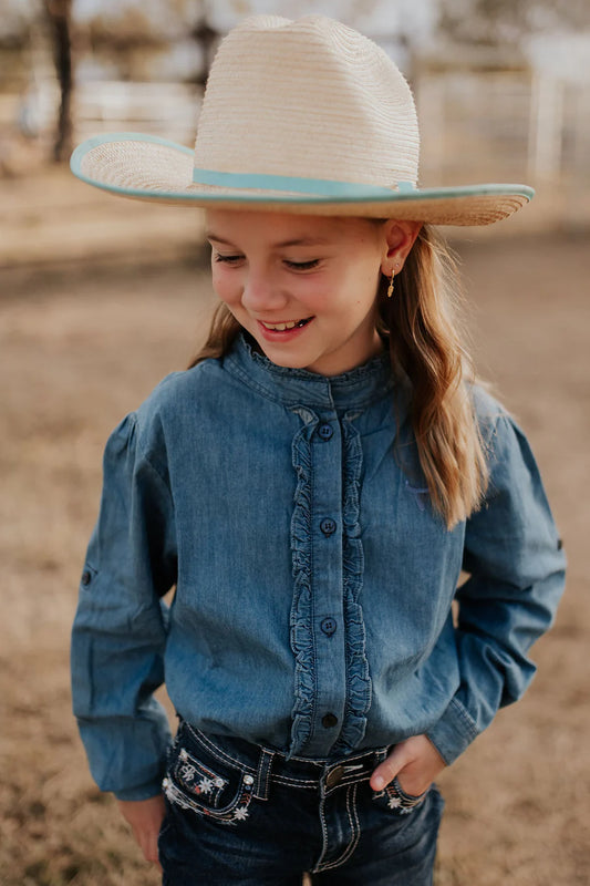 Annamarie Denim Long Sleeve Ruffle Fronted Shirt