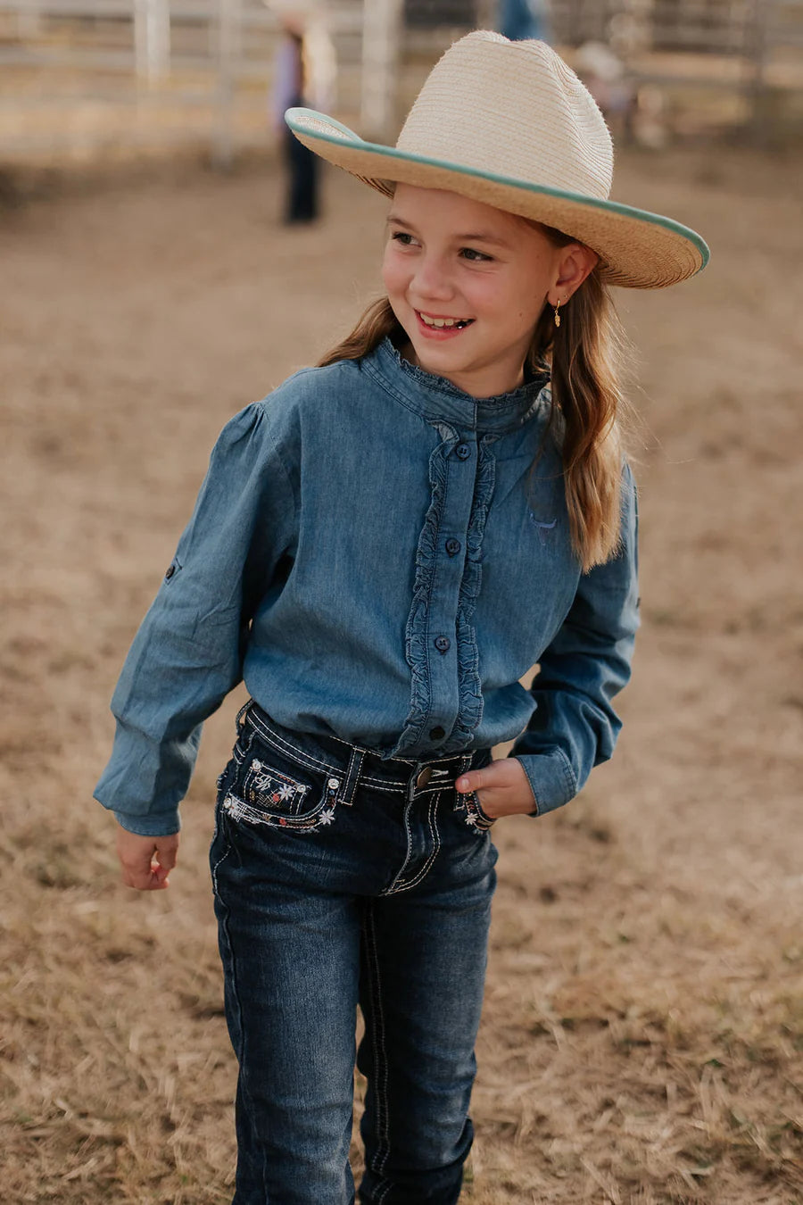 Annamarie Denim Long Sleeve Ruffle Fronted Shirt