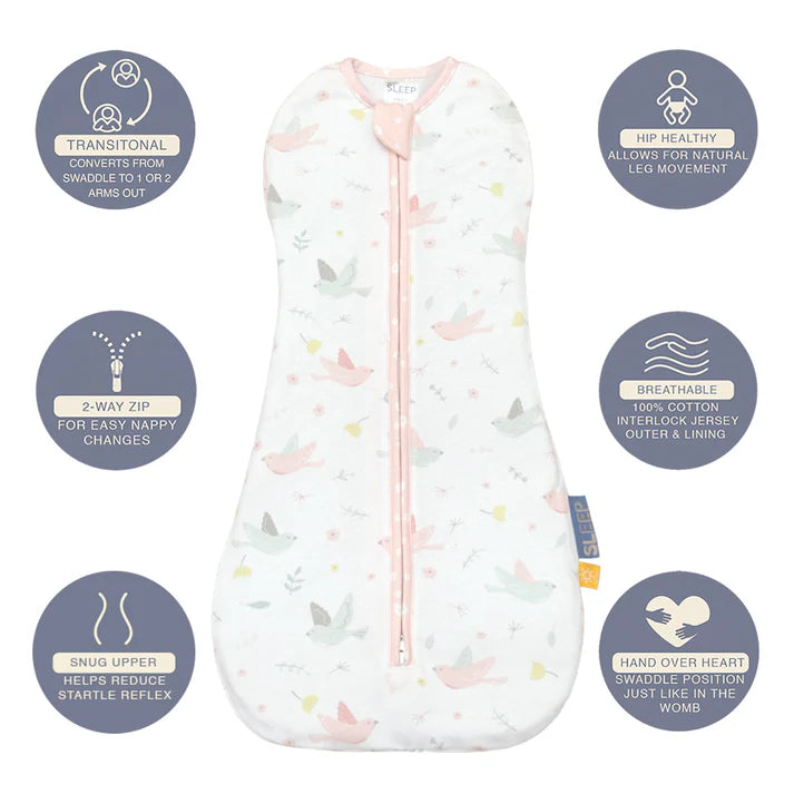 Smart Sleep Zip Up Swaddle 0.2tog 0-3Mths- Ava Birds