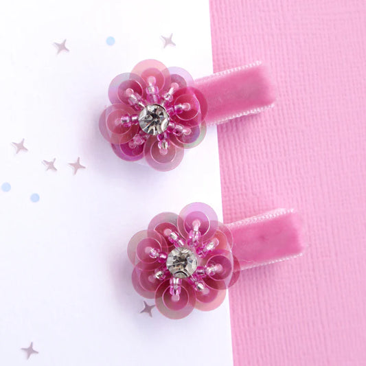 Jewel Flower 2 Pack Hair Clips- Hot Pink