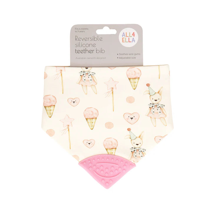 Bandana Reversable Bib With Silicone Teether- Ice Creams & Teddy