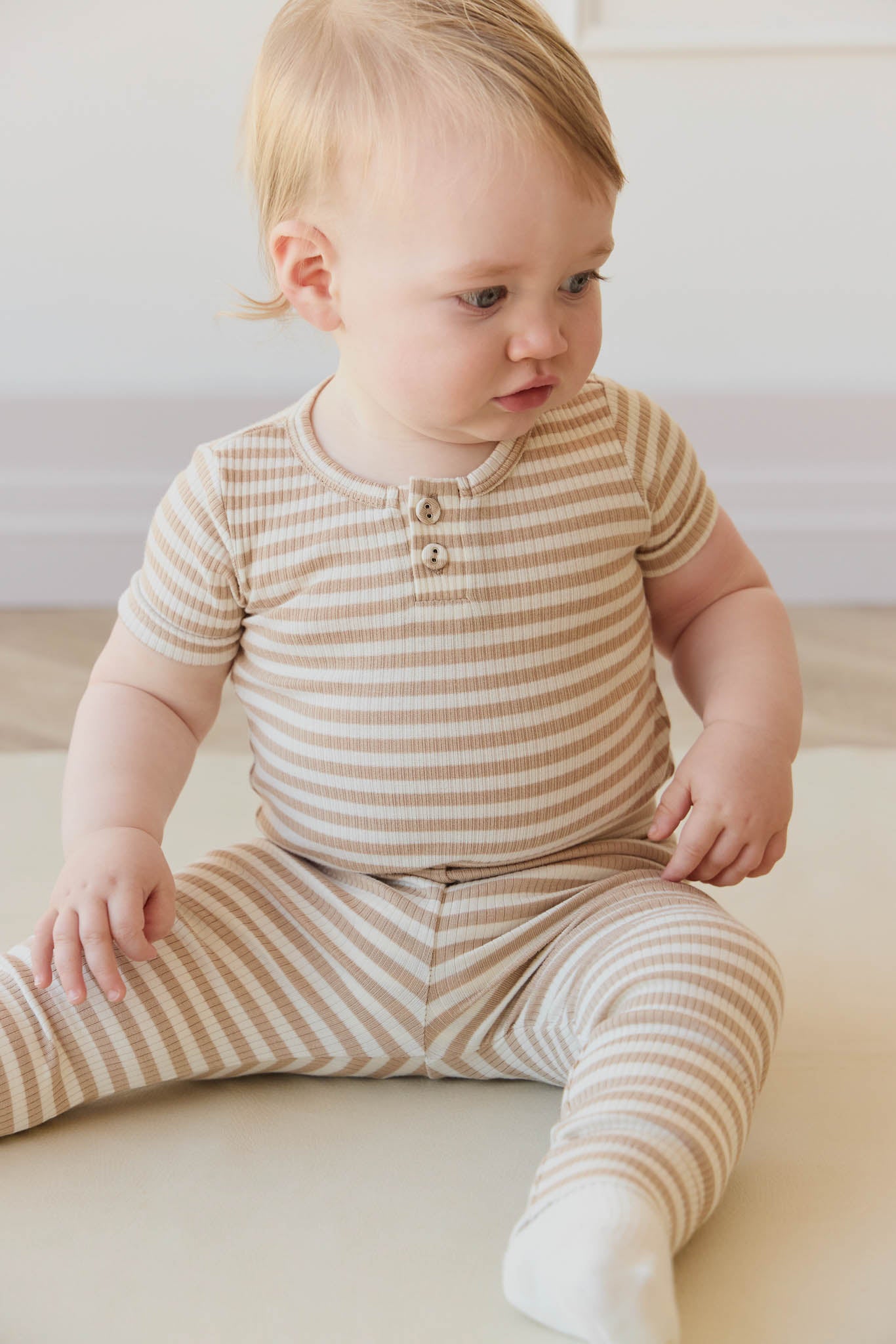 Organic Cotton Modal Darcy Rib Tee Bodysuit- Narrow Stripe Baker/Cloud