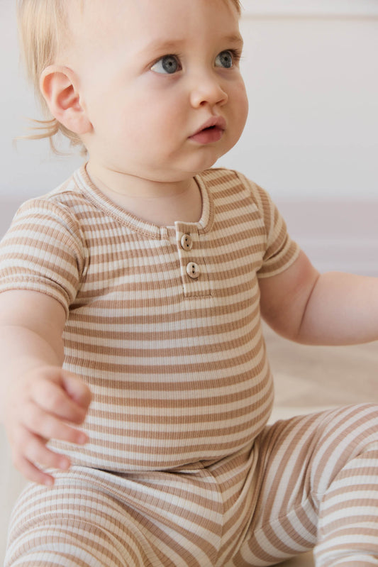 Organic Cotton Modal Darcy Rib Tee Bodysuit- Narrow Stripe Baker/Cloud