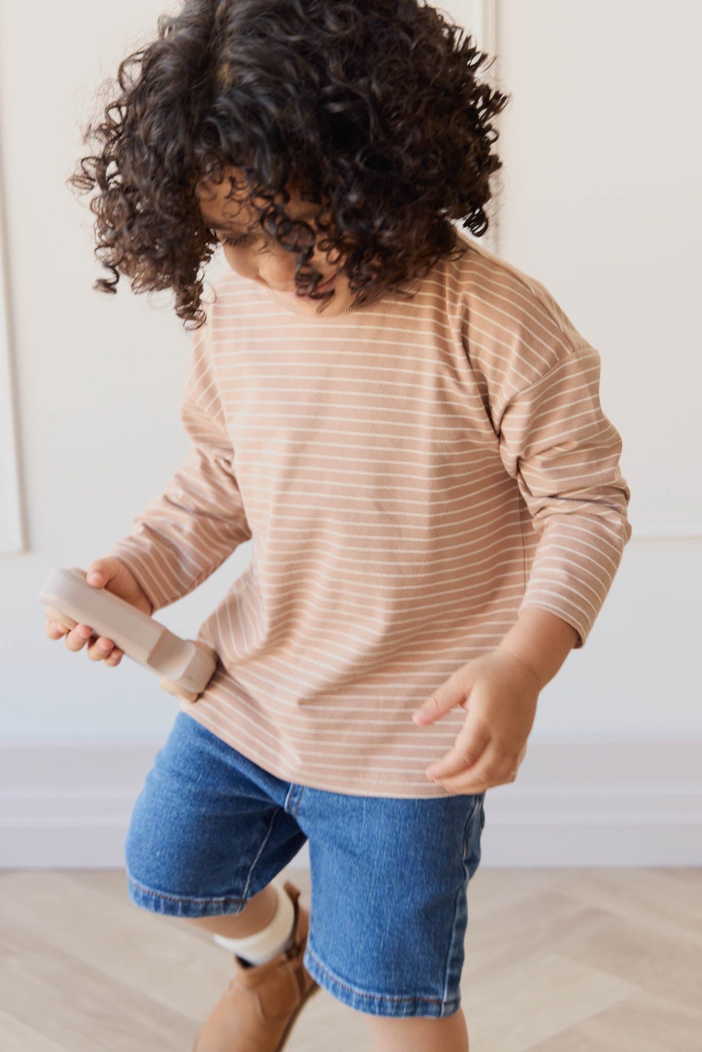 Organic Cotton Levi Long Sleeve Top- Daily Stripe Pale Terracotta/Buff