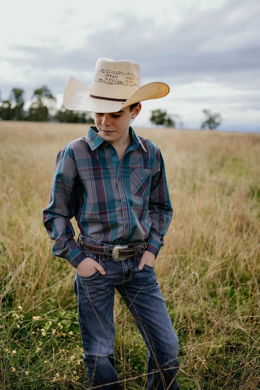 Jamie Jnr Checked Storm Blue Boy's Button Down Long Sleeve Shirt