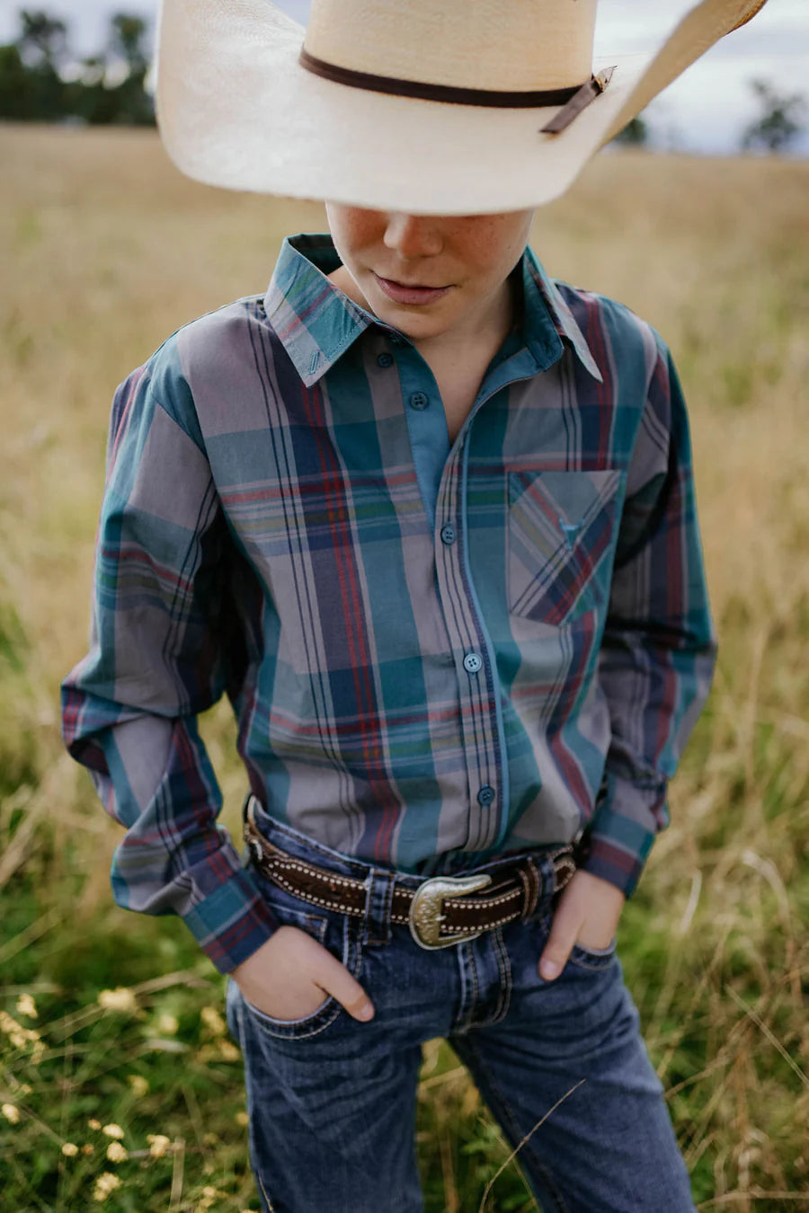 Jamie Jnr Checked Storm Blue Boy's Button Down Long Sleeve Shirt