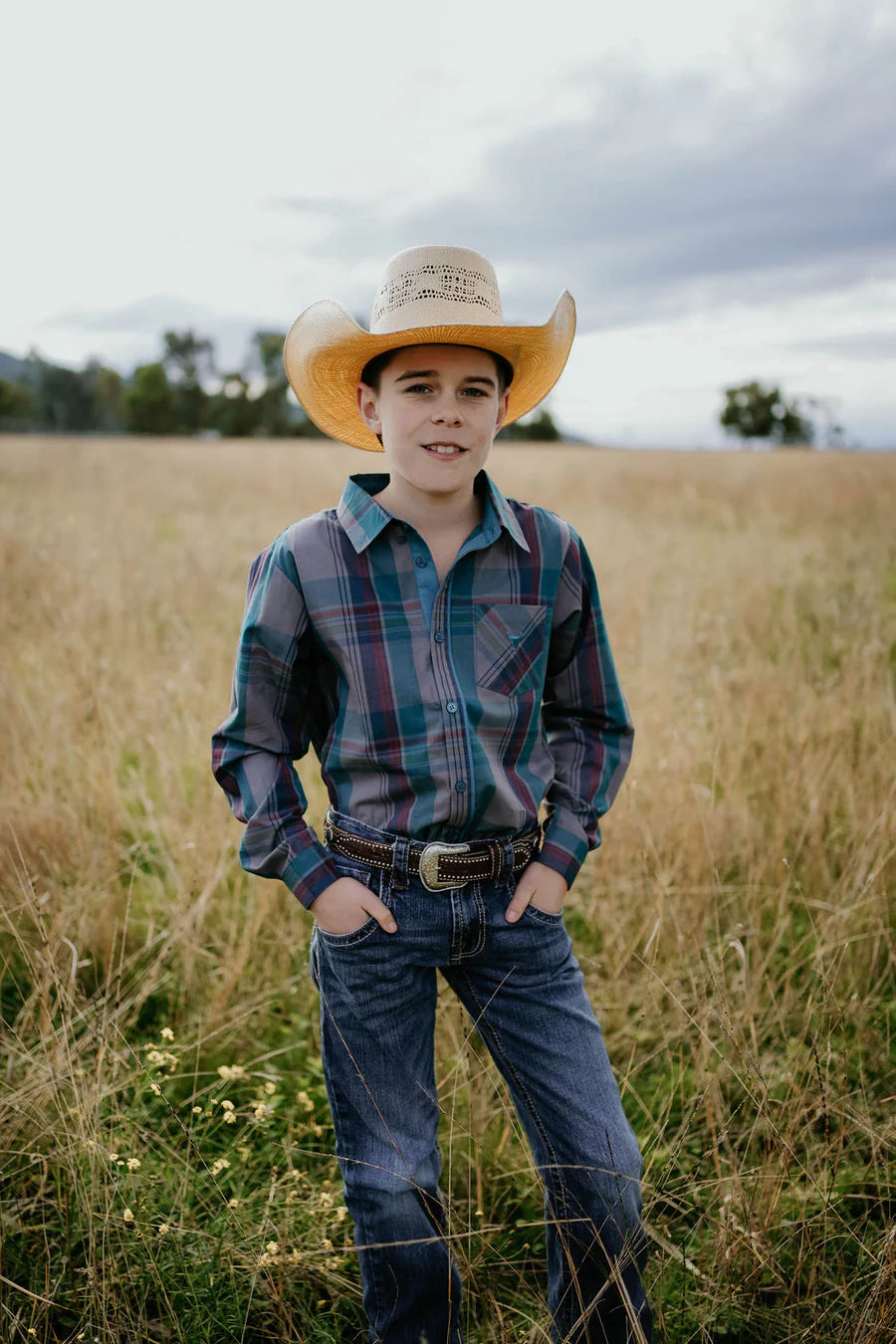 Jamie Jnr Checked Storm Blue Boy's Button Down Long Sleeve Shirt