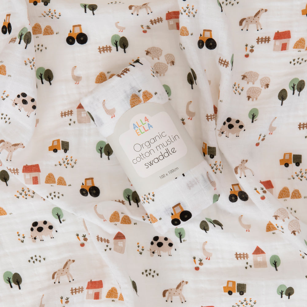 Organic Muslin Swaddle & 2 Pram Pegs- Country Farm