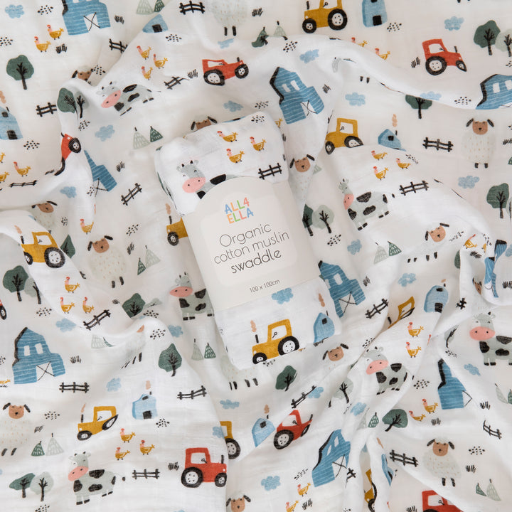 Organic Cotton Muslin Swaddle- Barnyard