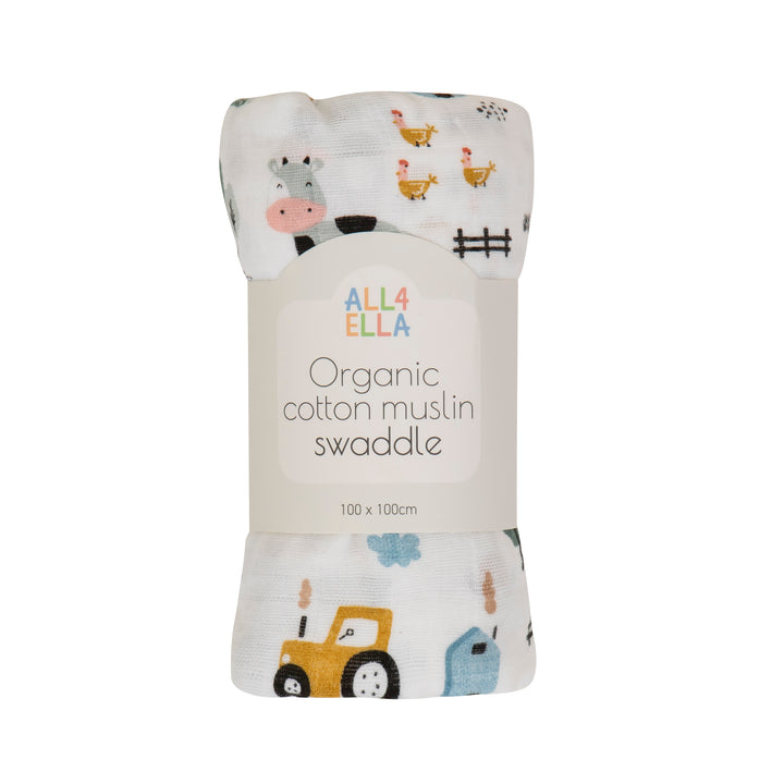 Organic Cotton Muslin Swaddle- Barnyard