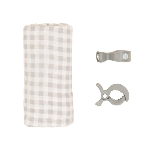 Organic Muslin Swaddle & 2 Pram Pegs- Gingham Grey