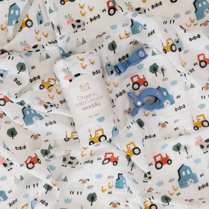 Organic Muslin Swaddle & 2 Pram Pegs- Barnyard