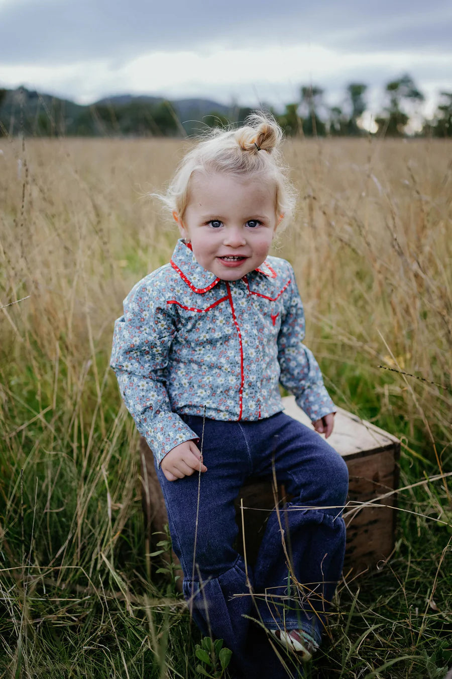 Paris Baby Floral Blues & Red Collar Long Sleeve Romper