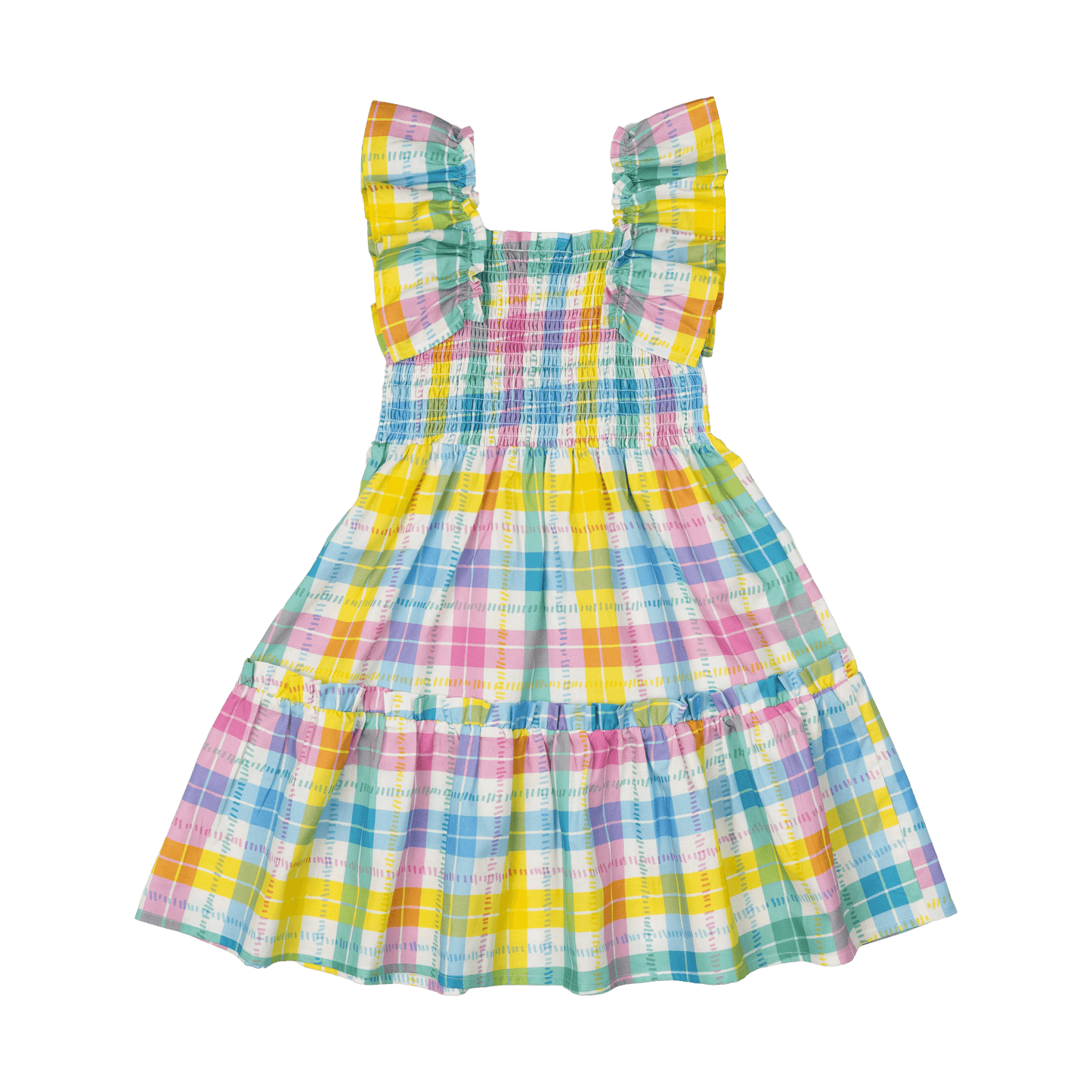 Summertime Plaid Shirred Dress