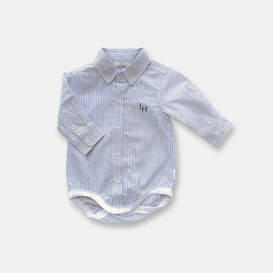 Boys Oxford Shirt Romper- Navy Pinstripe