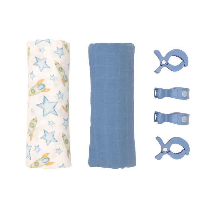 2 Pack Organic Muslin Swaddle & 4 Pram Peg Gift Set- Rocket