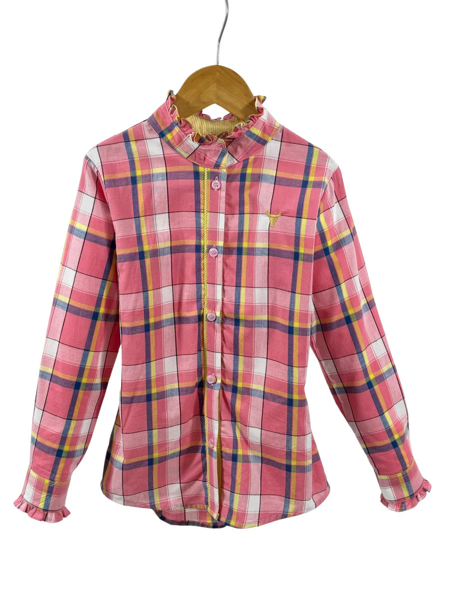 Zara Jnr Pink Pop Check Ruffle Collar Long Fronted Ruffle Shirt