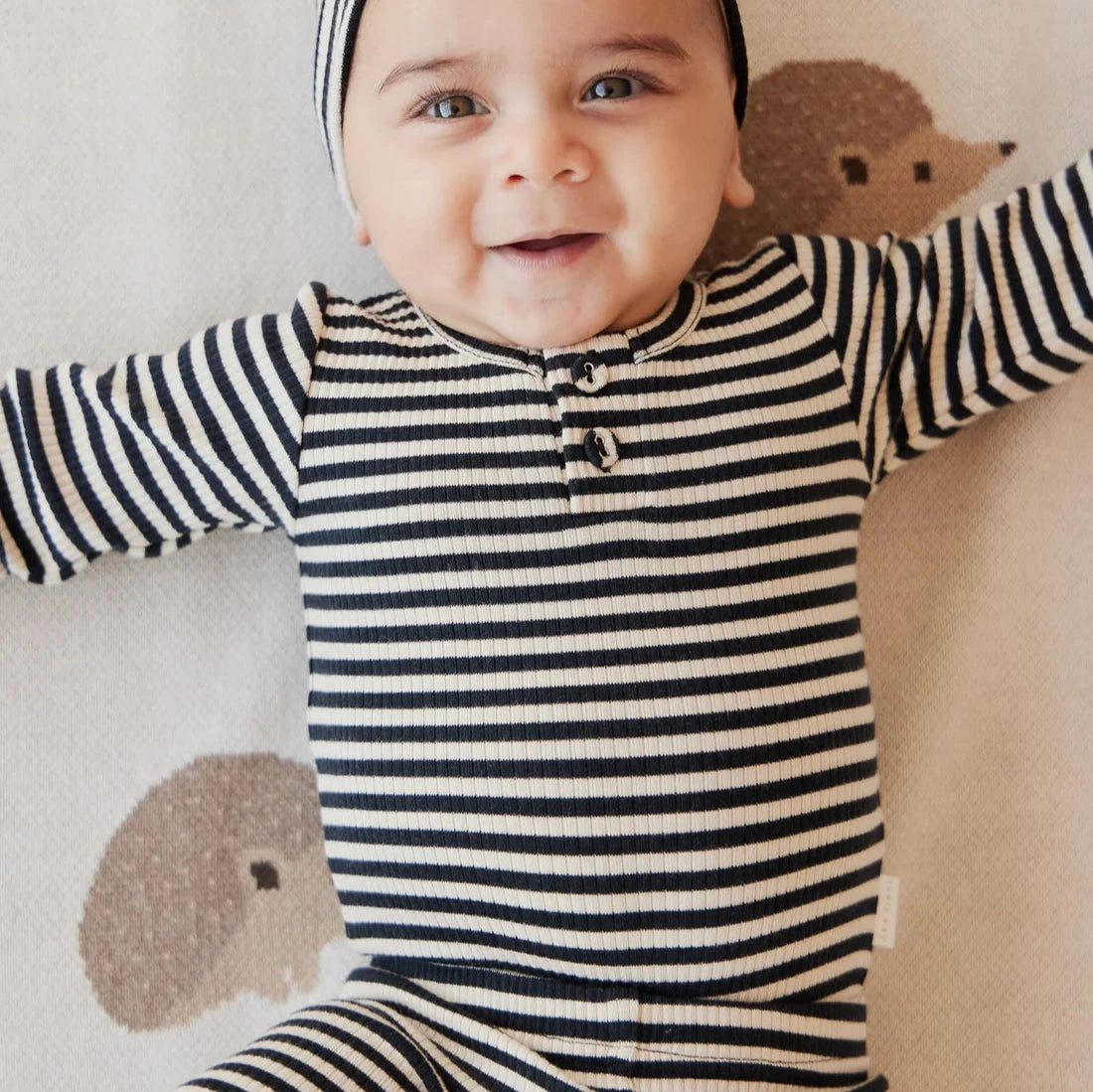 Organic Cotton Modal Long Sleeve Bodysuit- Narrow Stripe Constellation/Soft Clay