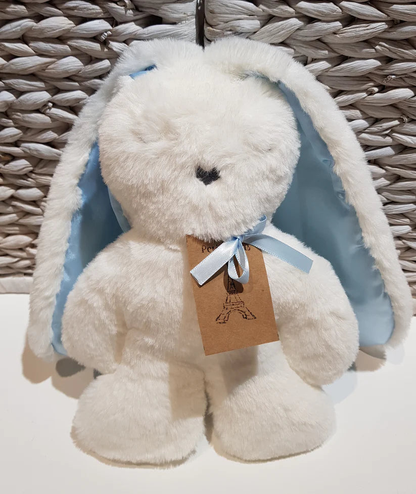 Flat Bunny- White With Blue Satin Ears Plush