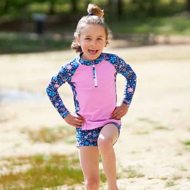 Girls Swim Short & Long Sleeve Rashie Swim Set- Flower Power