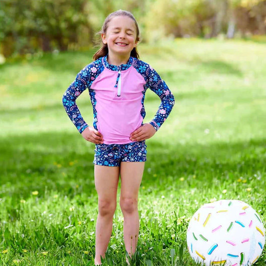 Girls Swim Short & Long Sleeve Rashie Swim Set- Flower Power