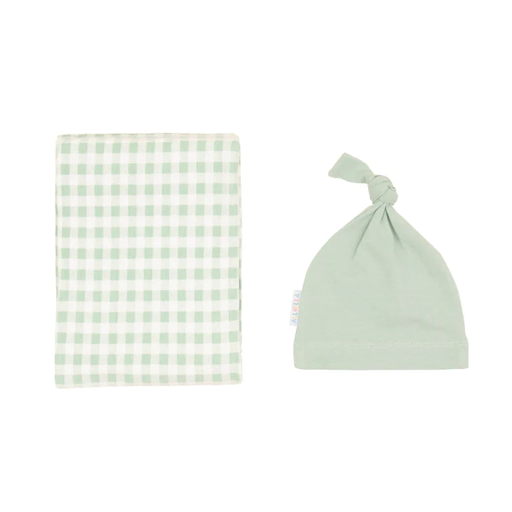 Organic Jersey Swaddle Wrap & Beanie Set- Gingham Sage