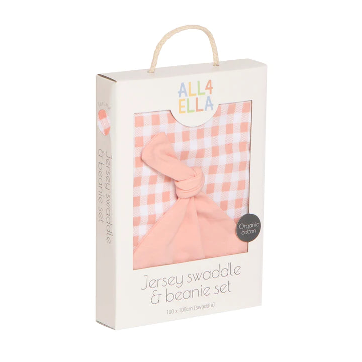 Organic Jersey Swaddle Wrap & Beanie Set- Gingham Strawberry