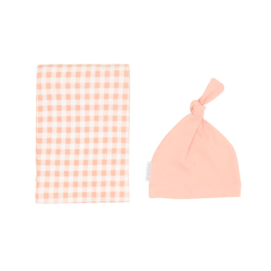 Organic Jersey Swaddle Wrap & Beanie Set- Gingham Strawberry