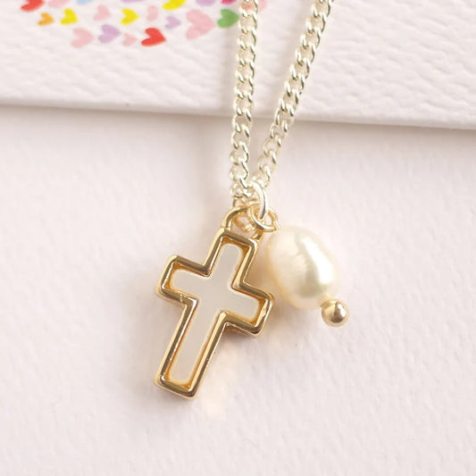 Mother Of Pearl Cross Necklace With Fresh Water Pearl