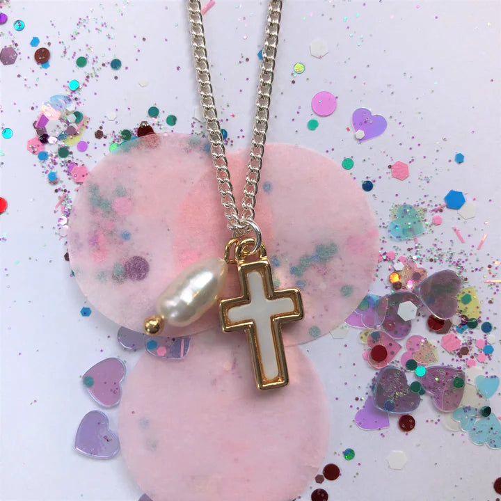 Mother Of Pearl Cross Necklace With Fresh Water Pearl