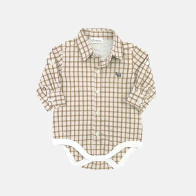 Boys Oxford Shirt Romper- Tan Check