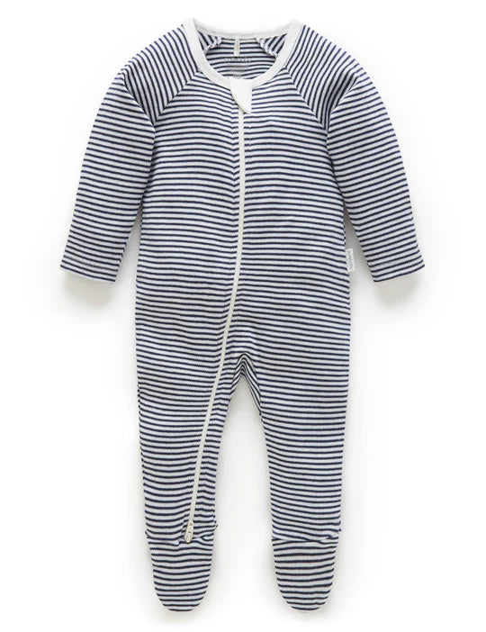 Zip Growsuit- Navy Melange Stripe