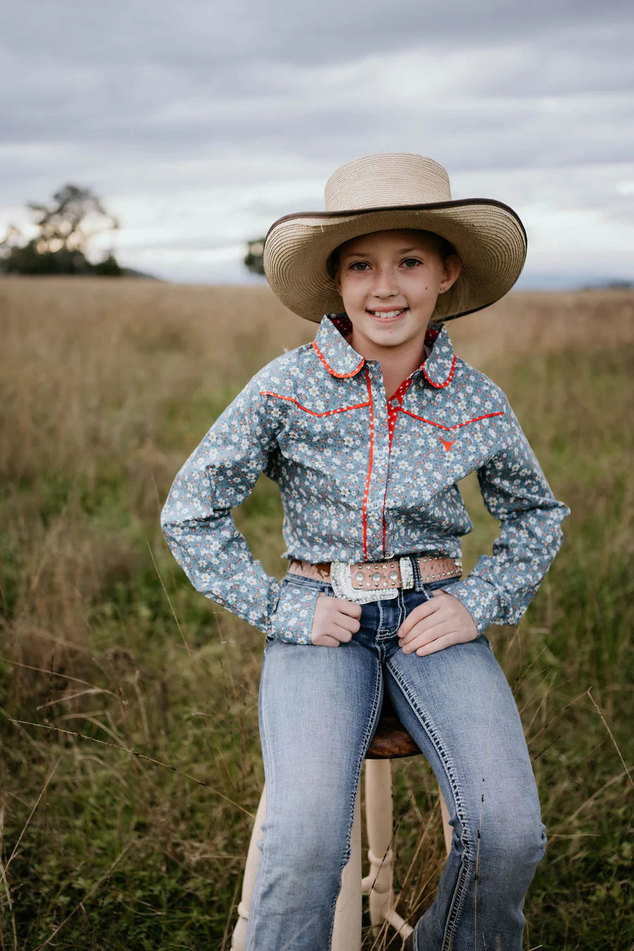 Paris Jnr Foral Blues & Red Western Yoke Long Sleeve Shirt