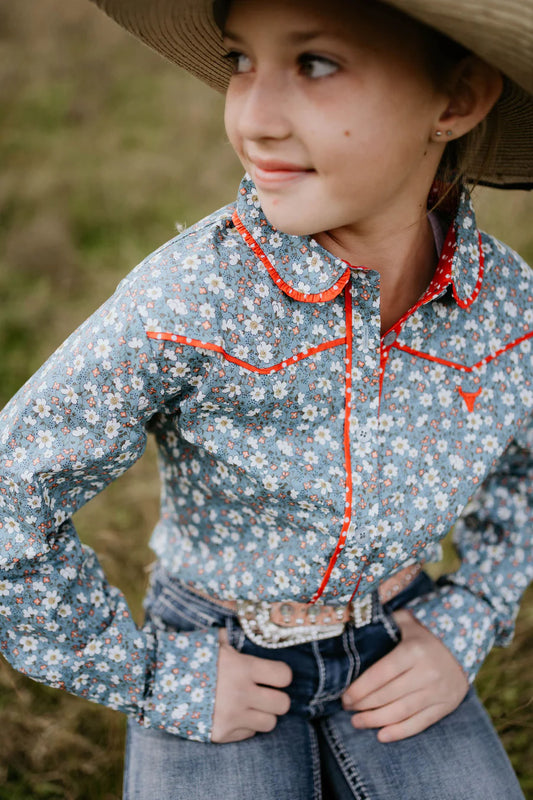 Paris Jnr Foral Blues & Red Western Yoke Long Sleeve Shirt