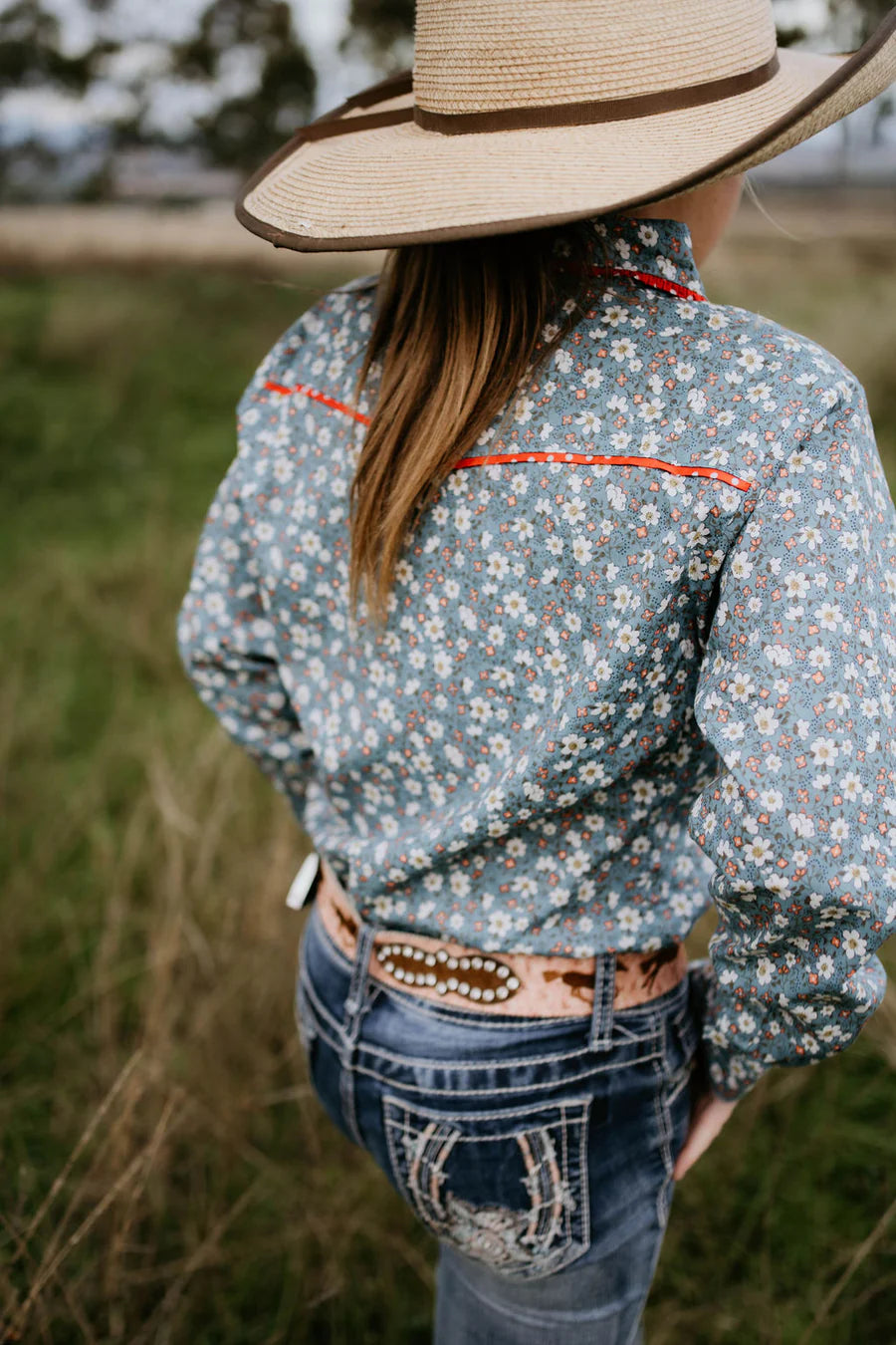 Paris Jnr Foral Blues & Red Western Yoke Long Sleeve Shirt